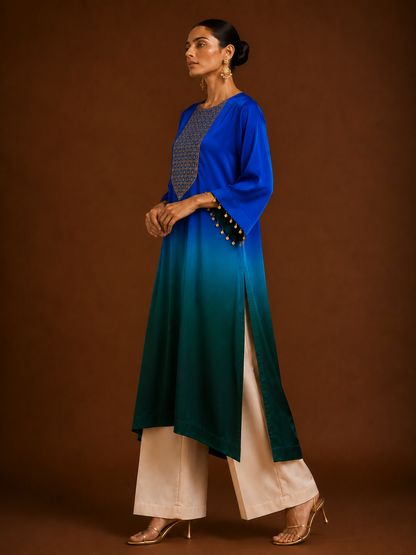 Hoor-e-Mahal Blue & Green Ombre Kaftan Set
