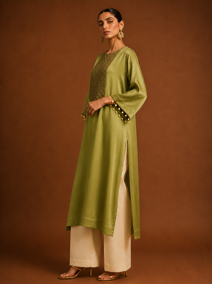 Zarkha Olive Green Kaftan Set