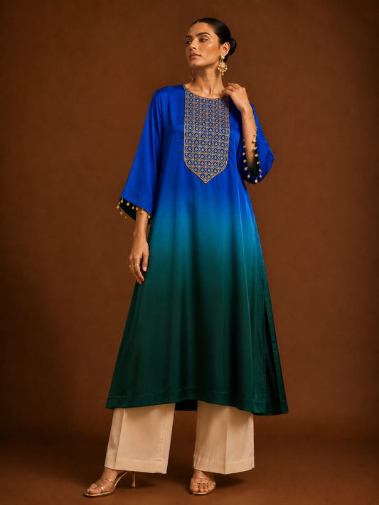 Hoor-e-Mahal Blue & Green Ombre Kaftan Set