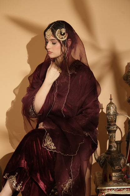 Zar-e-Makhmal Maroon V-Neck Kurta Set