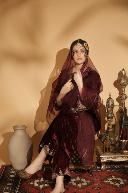 Zar-e-Makhmal Maroon V-Neck Kurta Set