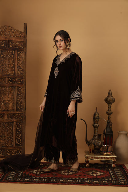 Zar-e-Makhmal Brown V-Neck Kurta Set