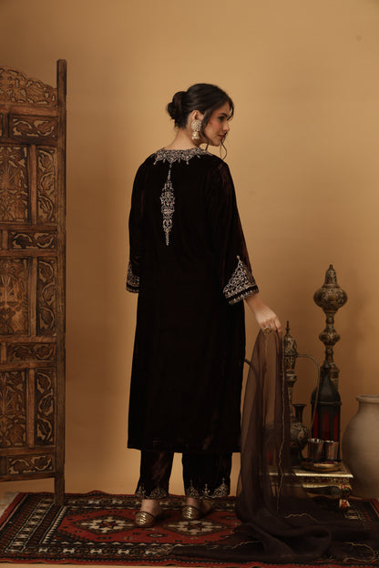Zar-e-Makhmal Brown V-Neck Kurta Set