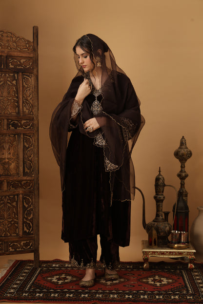 Zar-e-Makhmal Brown V-Neck Kurta Set