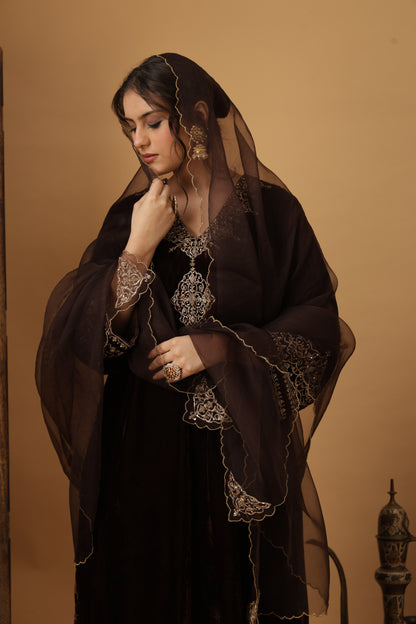 Zar-e-Makhmal Brown V-Neck Kurta Set