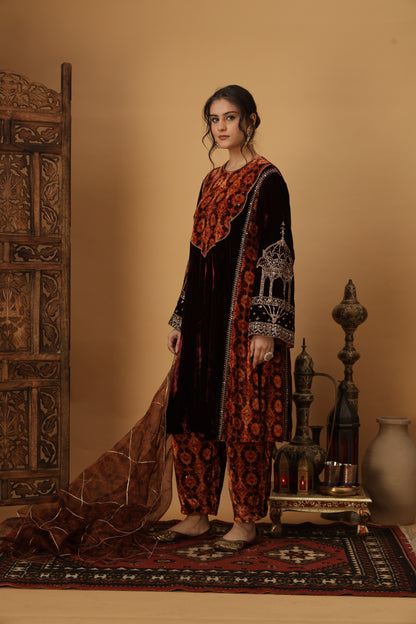Zar-e-Makhmal Maroon Kali Kurta Set