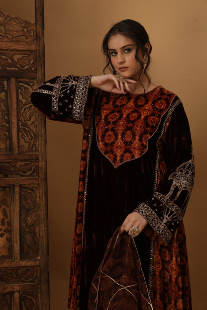 Zar-e-Makhmal Maroon Kali Kurta Set