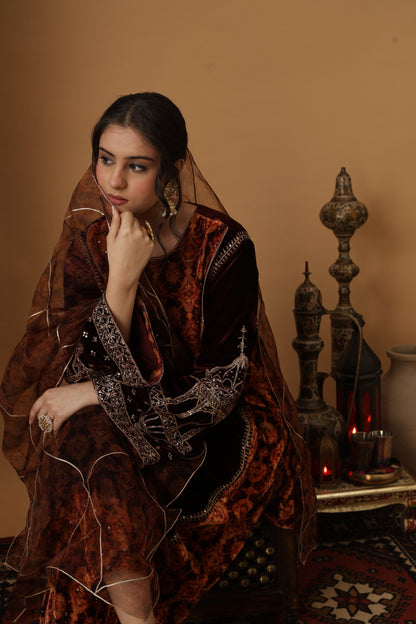 Zar-e-Makhmal Maroon Kali Kurta Set