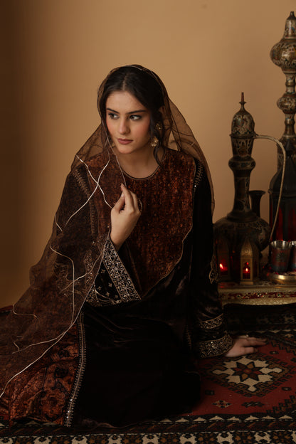 Zar-e-Makhmal Brown Kali Kurta Set