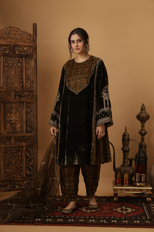 Zar-e-Makhmal Green Kali Kurta Set