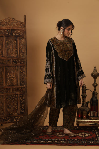 Zar-e-Makhmal Green Kali Kurta Set