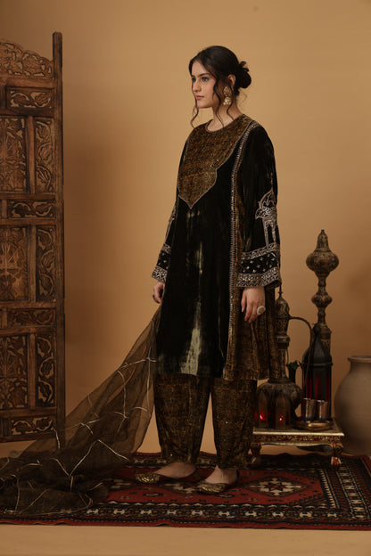 Zar-e-Makhmal Green Kali Kurta Set