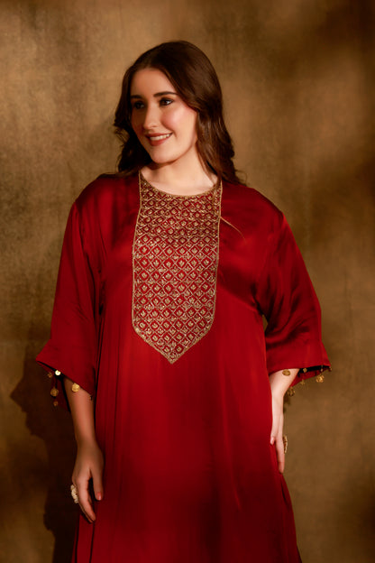 Zarkha Maroon Kaftan Set