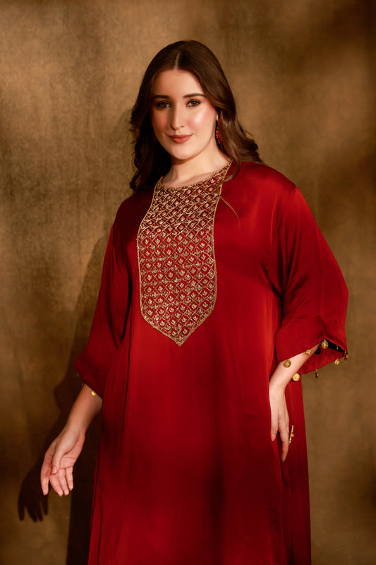 Zarkha Maroon Kaftan Set