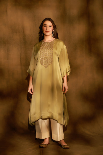 Zarkha Olive Green Kaftan Set