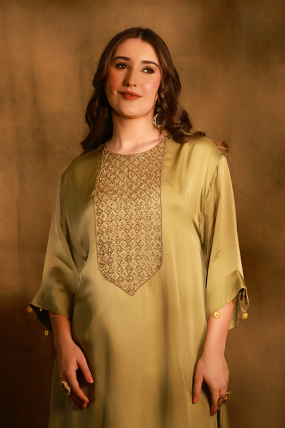 Zarkha Olive Green Kaftan Set