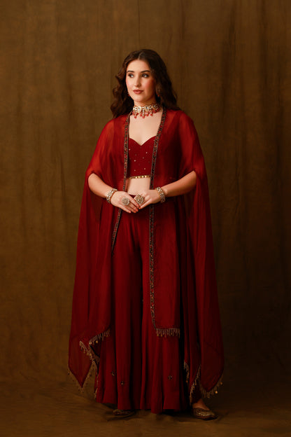 Zarkha Maroon Sharara Cape Set
