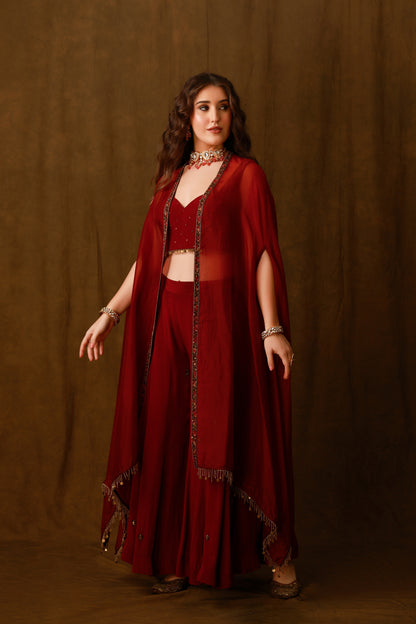 Zarkha Maroon Sharara Cape Set