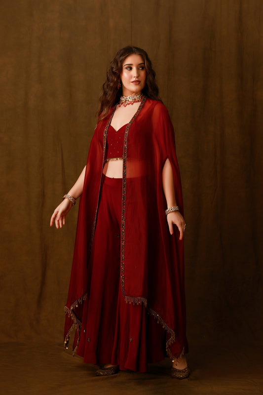 Zarkha Maroon Sharara Cape Set