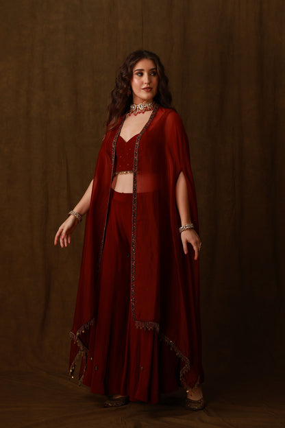 Zarkha Maroon Sharara Cape Set