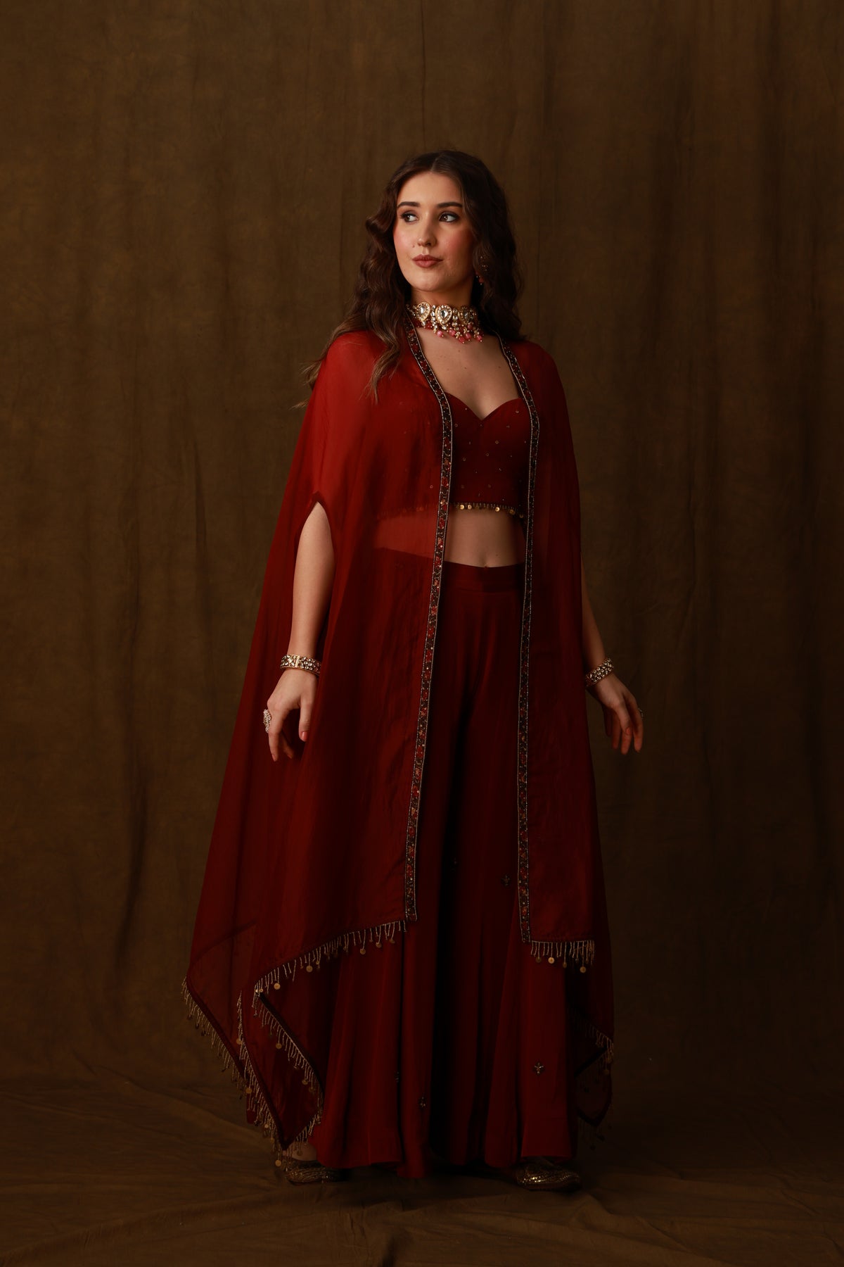 Zarkha Maroon Sharara Cape Set