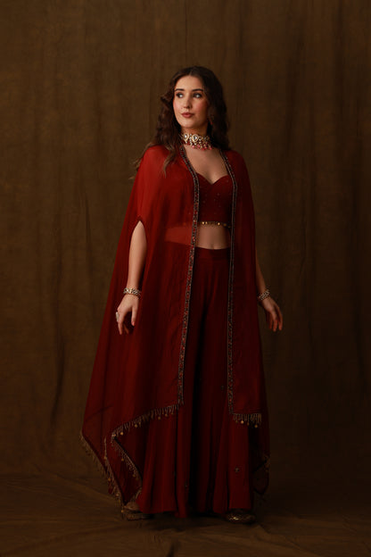 Zarkha Maroon Sharara Cape Set
