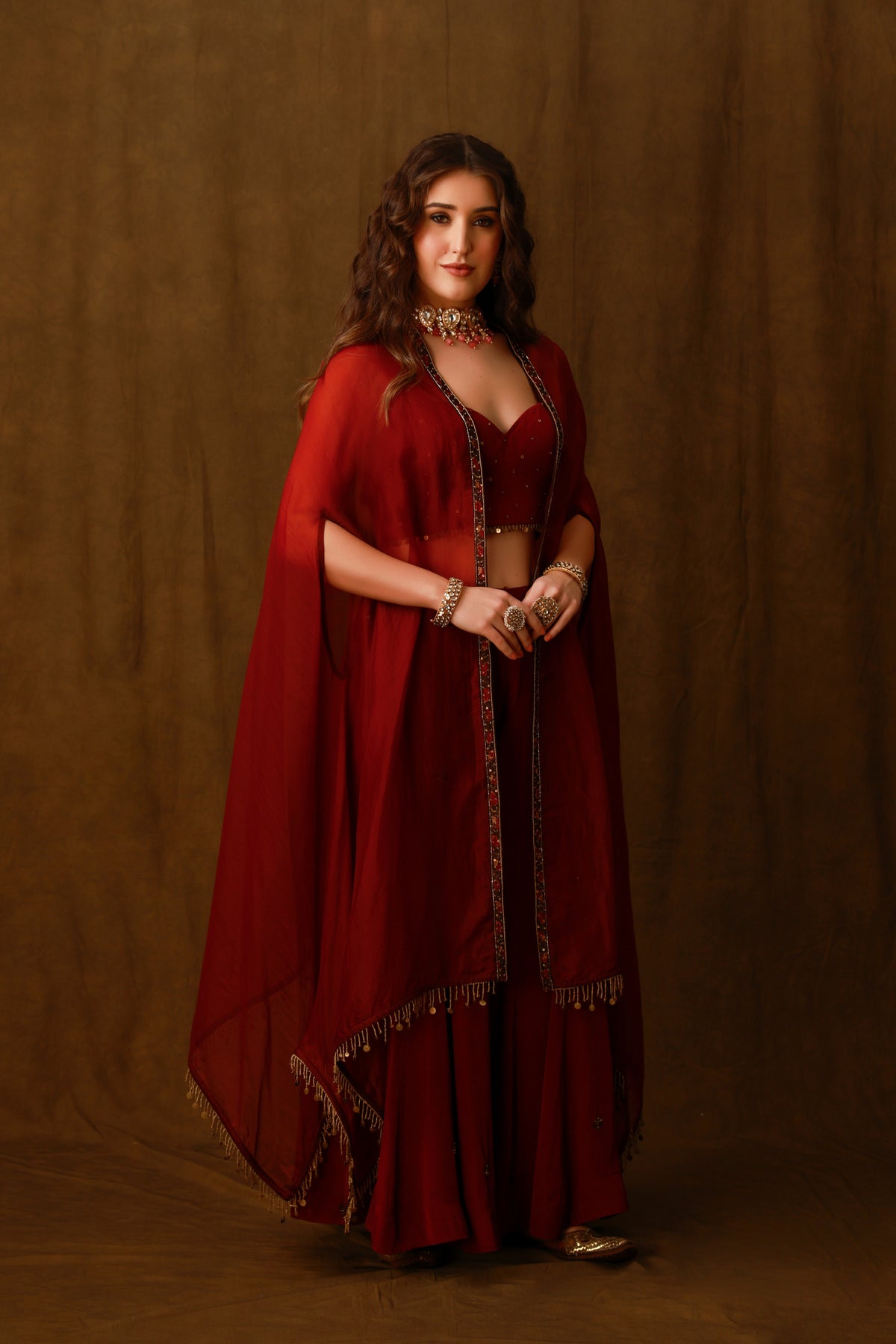 Zarkha Maroon Sharara Cape Set