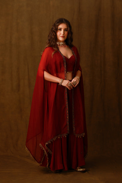 Zarkha Maroon Sharara Cape Set