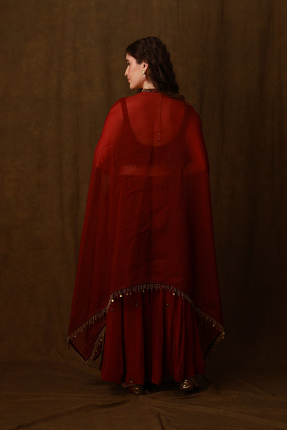 Zarkha Maroon Sharara Cape Set