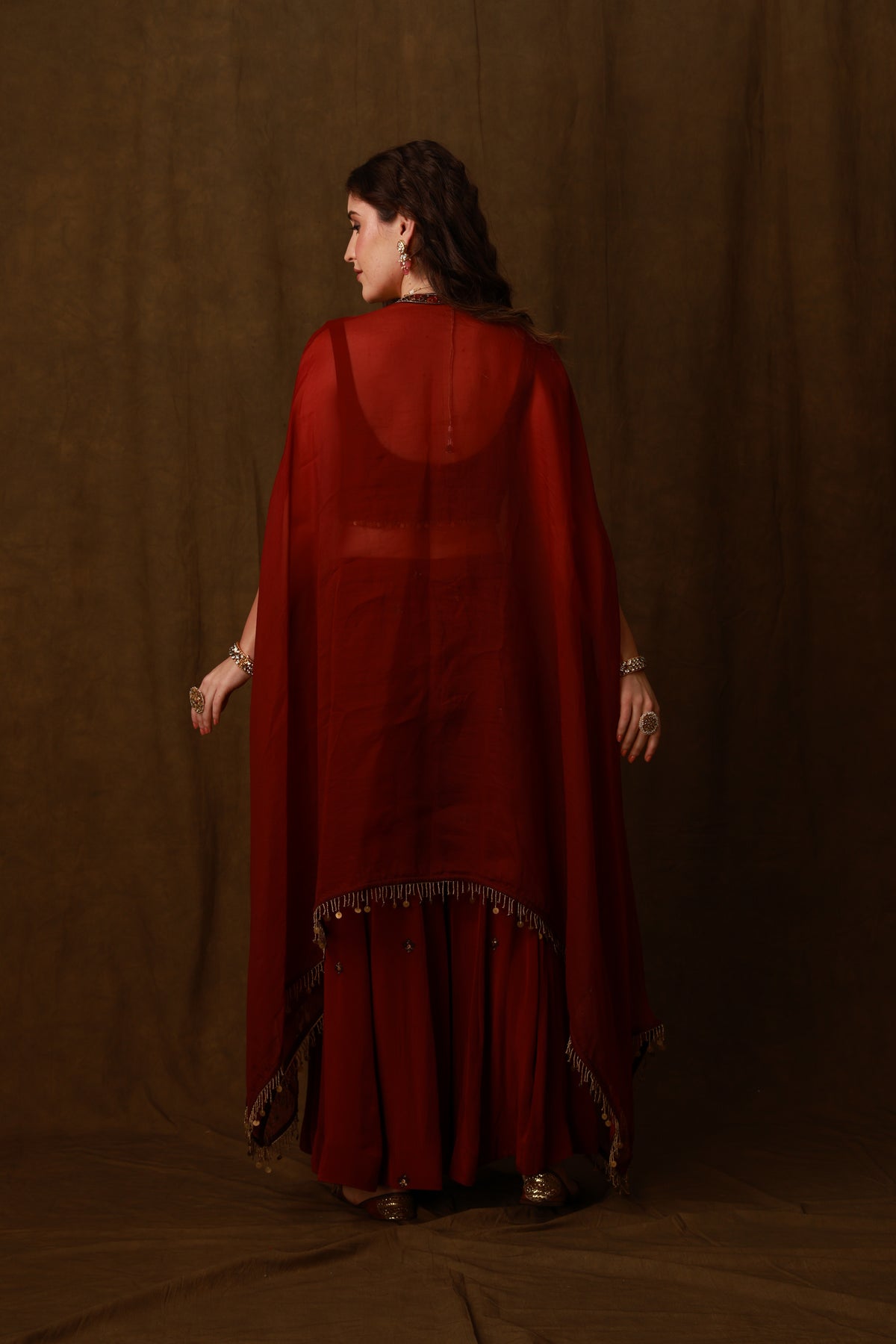 Zarkha Maroon Sharara Cape Set