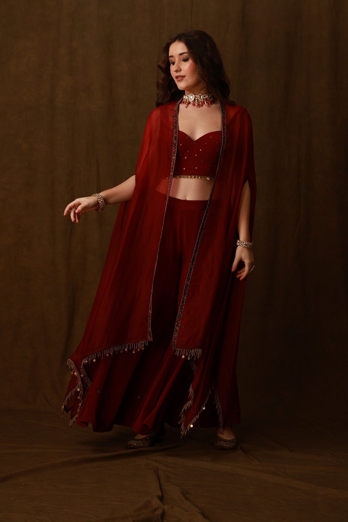 Zarkha Maroon Sharara Cape Set
