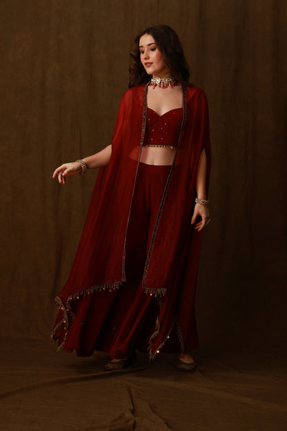 Zarkha Maroon Sharara Cape Set