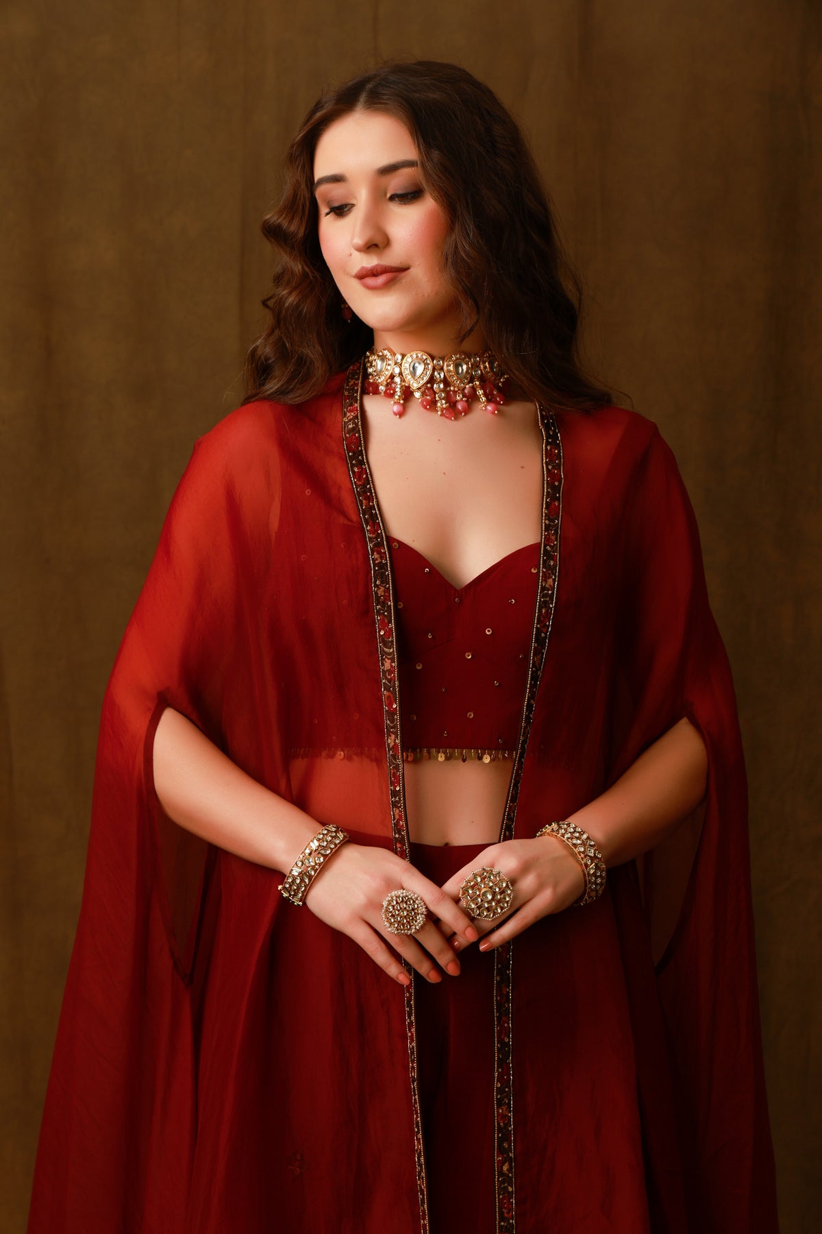 Zarkha Maroon Sharara Cape Set