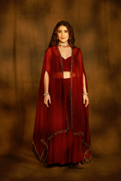 Zarkha Maroon Sharara Cape Set