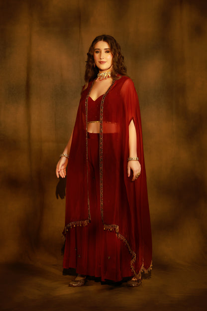 Zarkha Maroon Sharara Cape Set