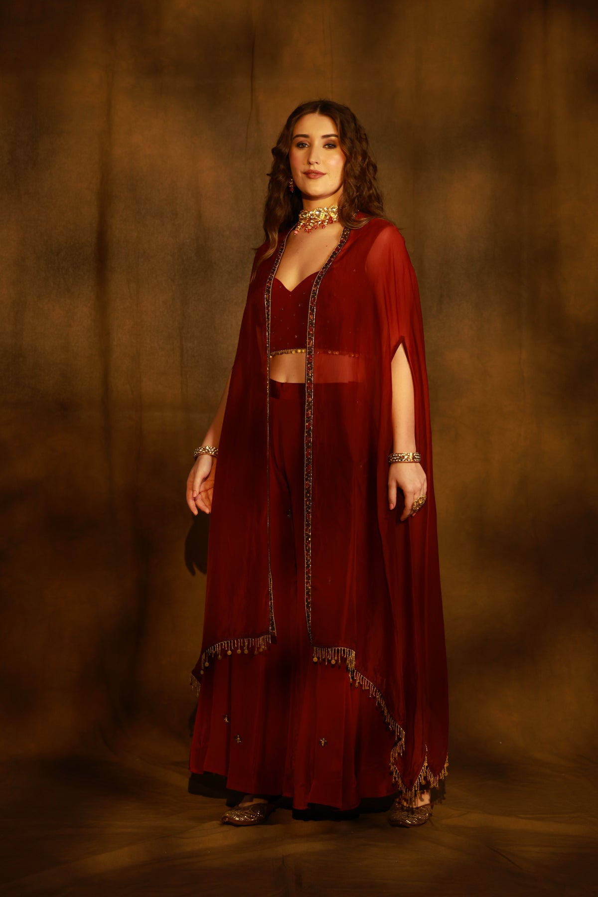 Zarkha Maroon Sharara Cape Set