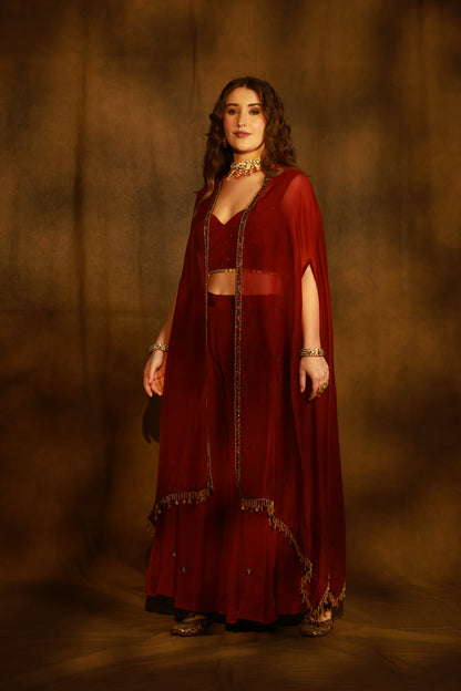 Zarkha Maroon Sharara Cape Set