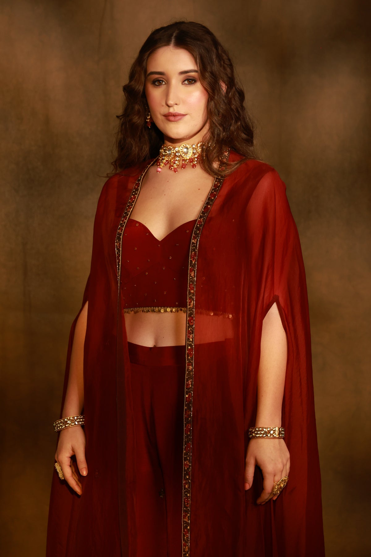 Zarkha Maroon Sharara Cape Set