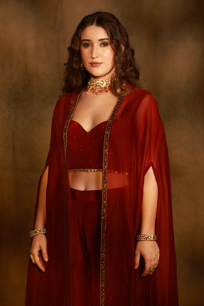 Zarkha Maroon Sharara Cape Set