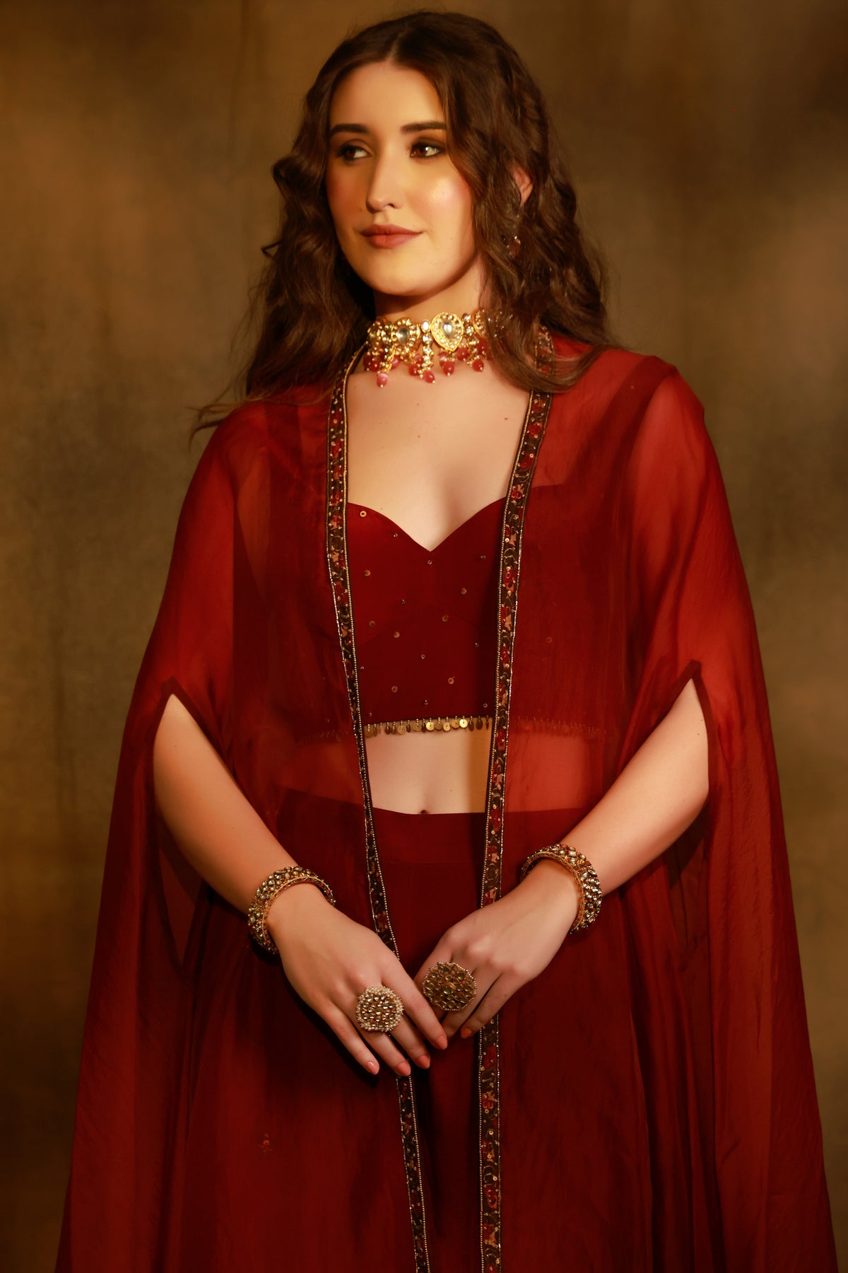 Zarkha Maroon Sharara Cape Set