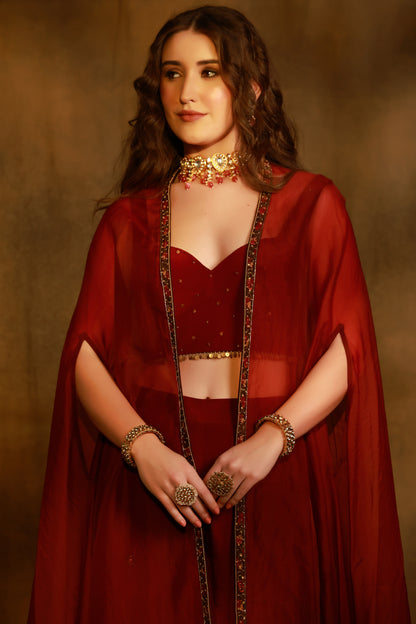 Zarkha Maroon Sharara Cape Set