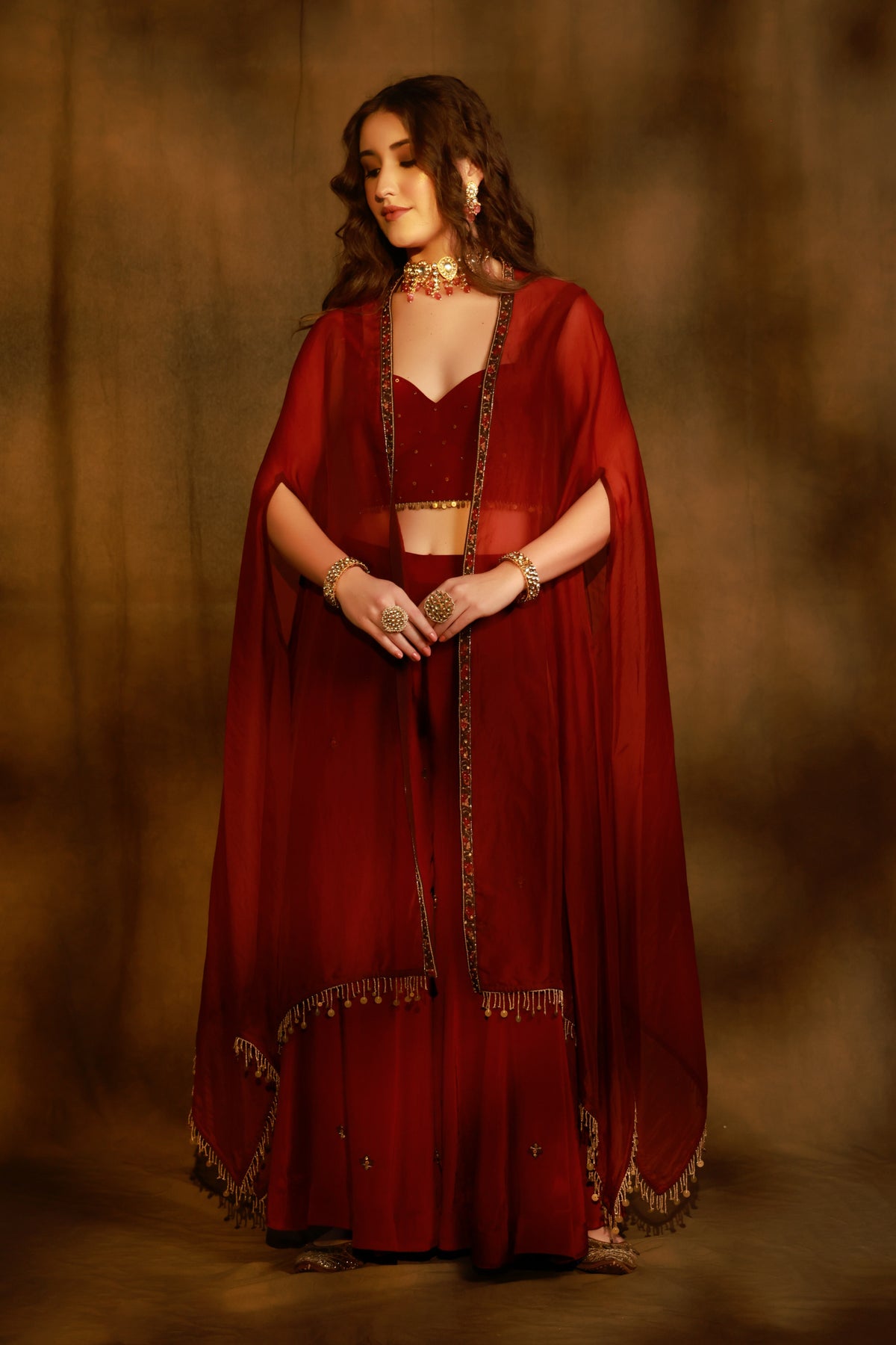 Zarkha Maroon Sharara Cape Set