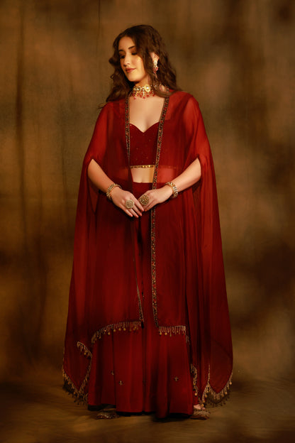 Zarkha Maroon Sharara Cape Set