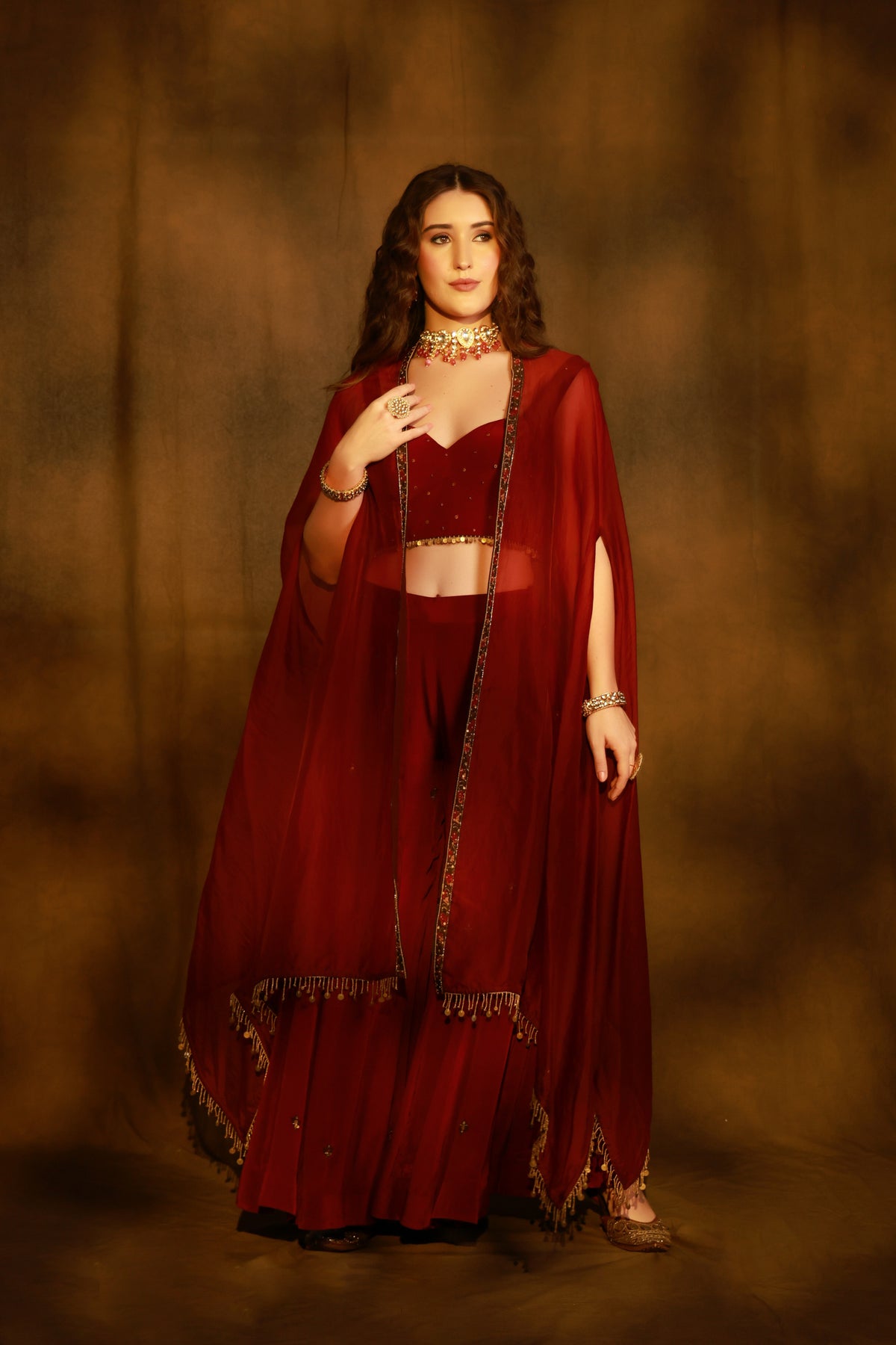 Zarkha Maroon Sharara Cape Set