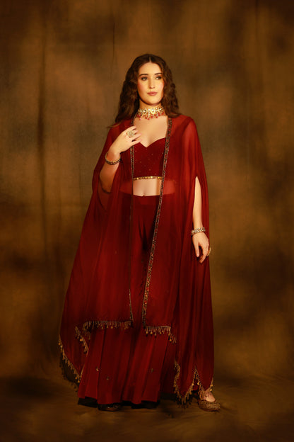 Zarkha Maroon Sharara Cape Set