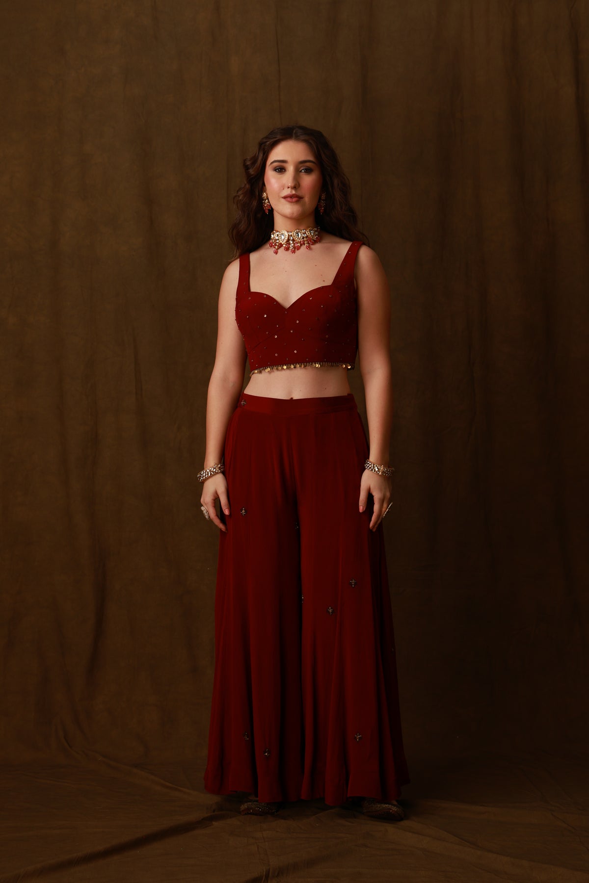 Zarkha Maroon Sharara Cape Set