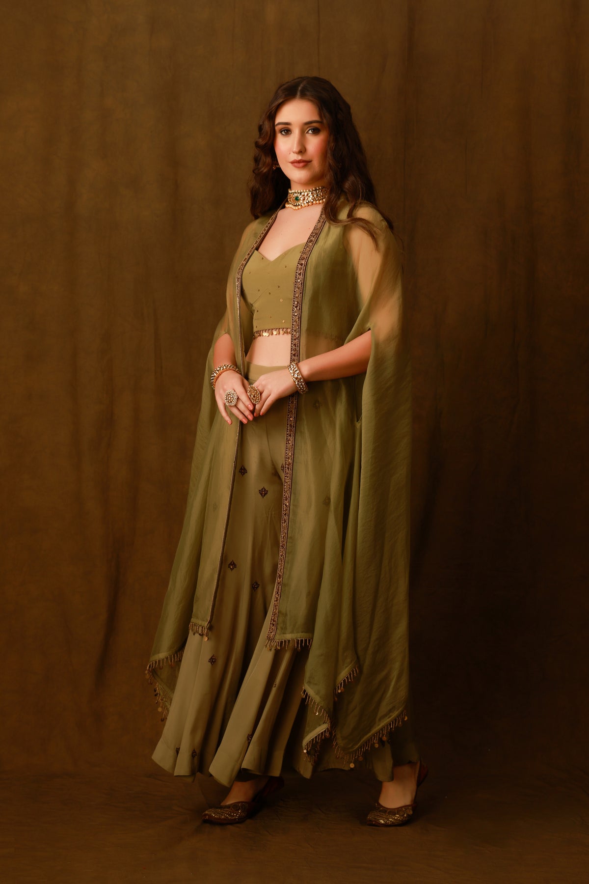 Zarkha Green Sharara Cape Set