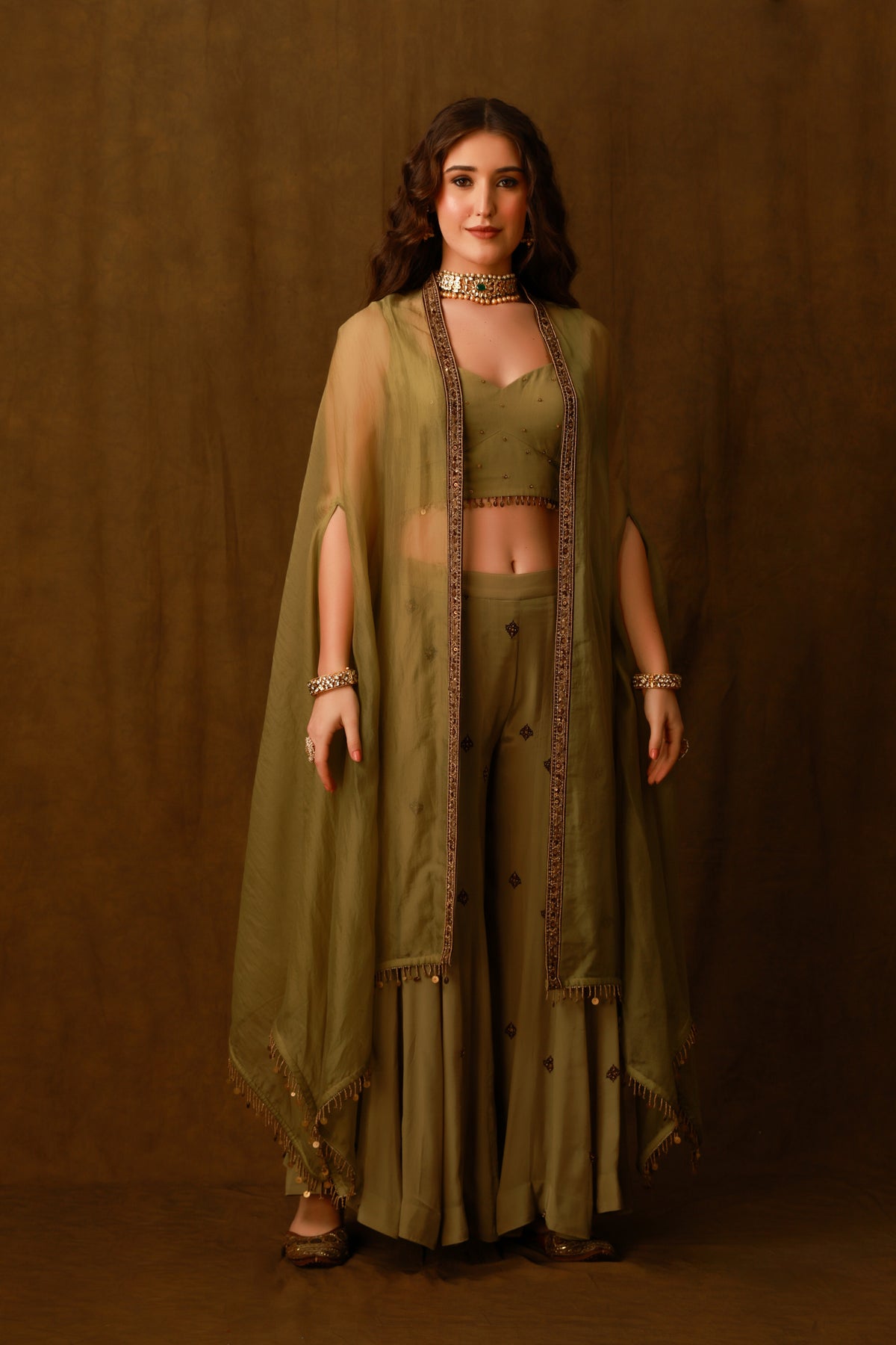 Zarkha Green Sharara Cape Set