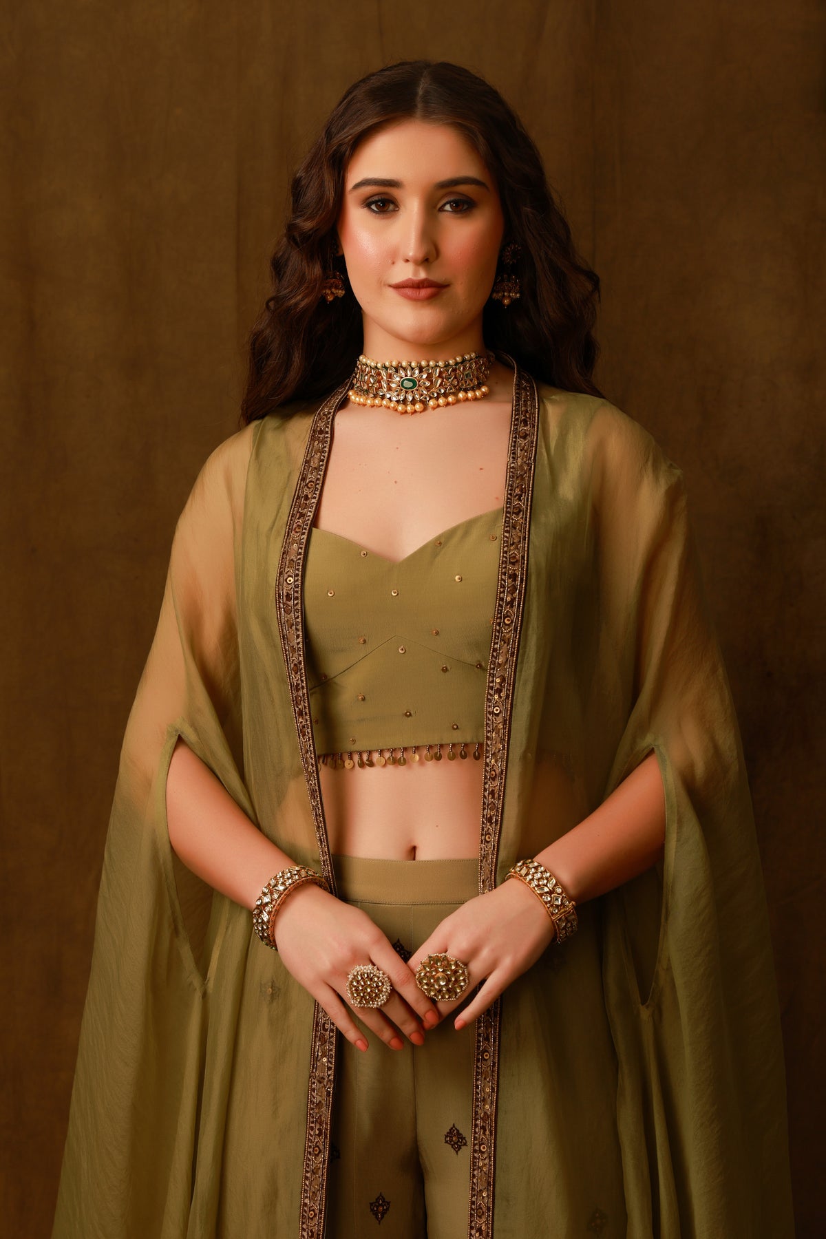 Zarkha Green Sharara Cape Set
