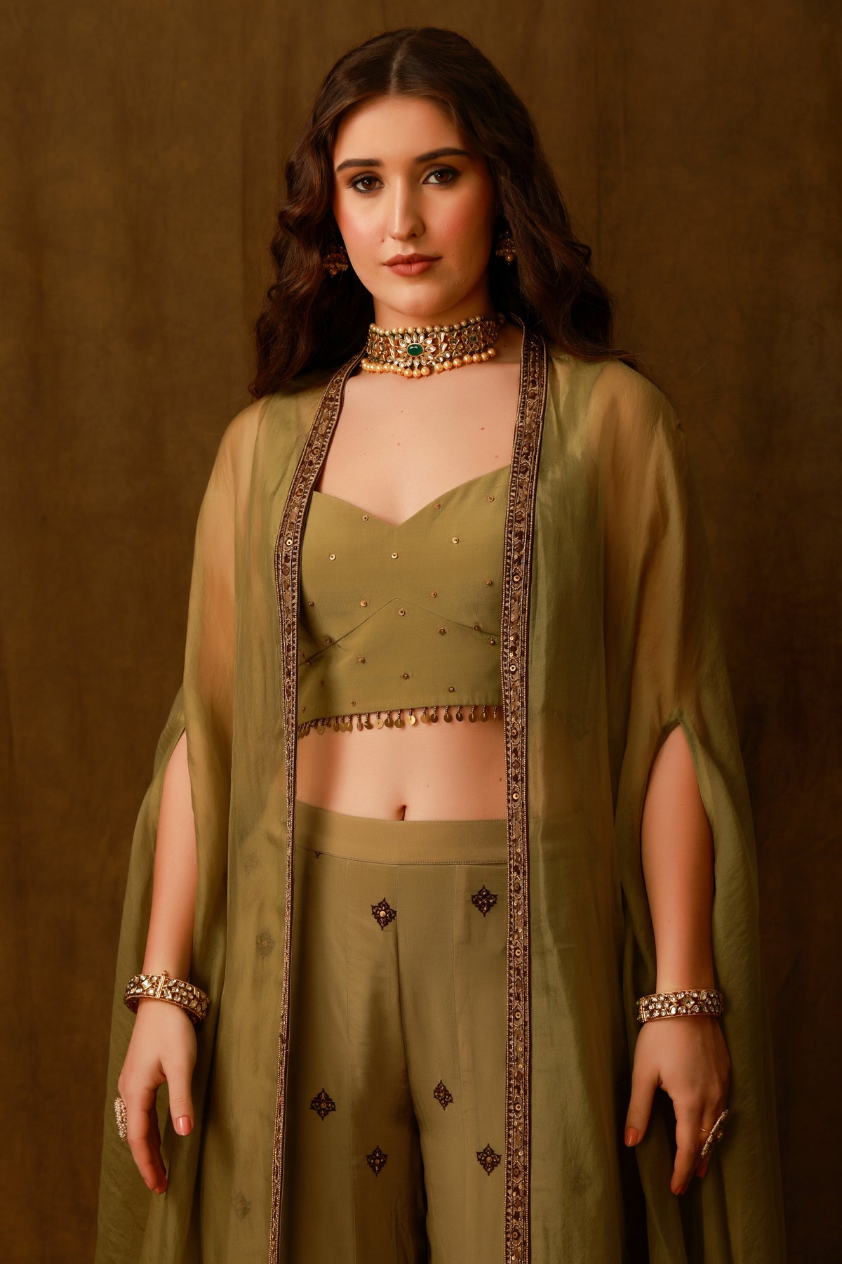 Zarkha Green Sharara Cape Set